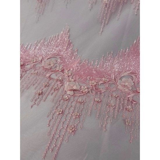 Κεντημένη δαντέλα τούλι με 3D άνθη & πέρλες – Blush Pink Couture