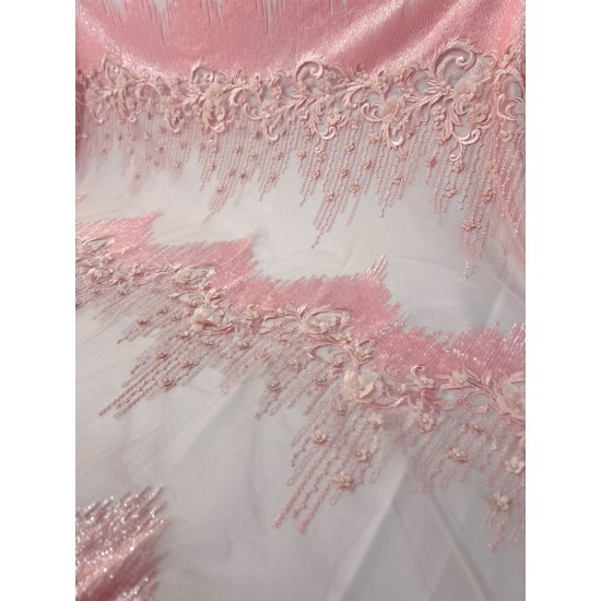 Κεντημένη δαντέλα τούλι με 3D άνθη & πέρλες – Blush Pink Couture